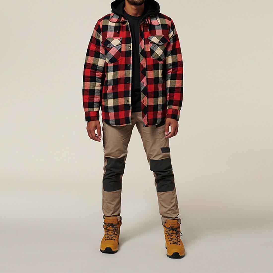 Hard Yakka Red Quilted Shacket | Men's Red Checked Shirts & Jackets