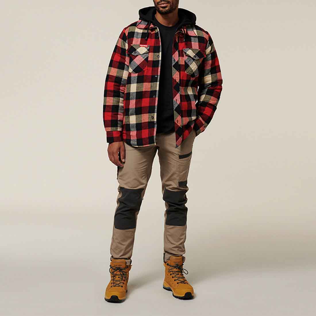Hard Yakka Red Quilted Shacket | Men's Red Checked Shirts & Jackets