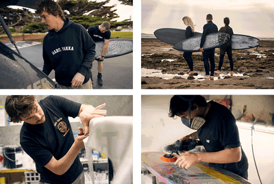 Michael Van Der Klooster working on surf boards and going surfing with friends.