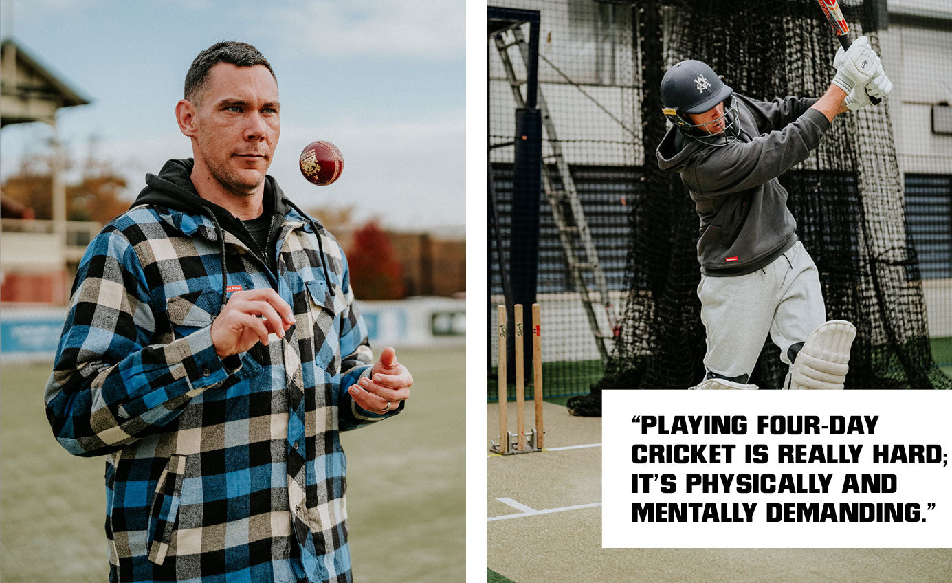 Two images of Scott Boland, one tossing a cricket ball in the air, wearing a blue Hard Yakka Shacket and the other batting, wearing a Hard Yakka hoodie