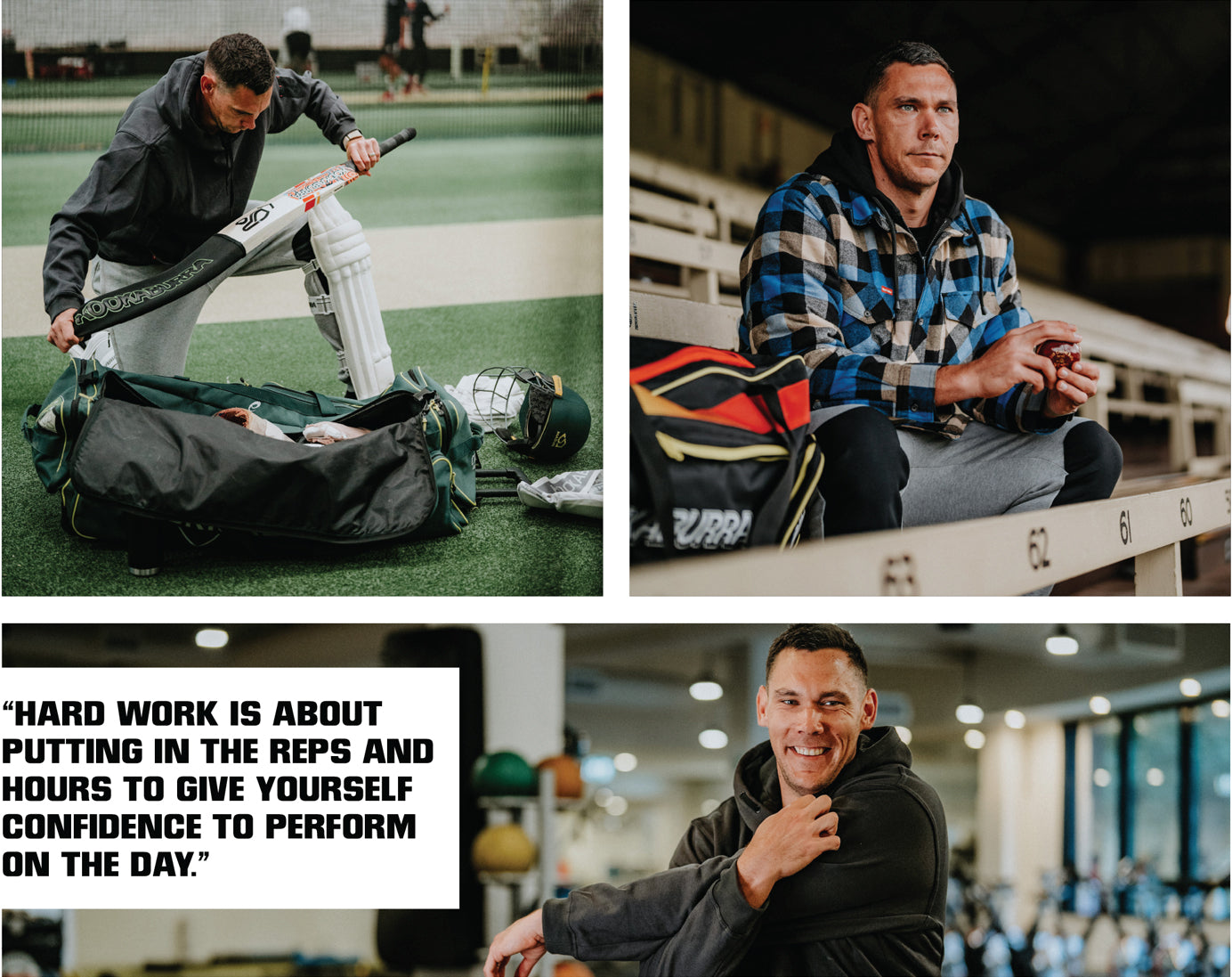 Three images of Scott Boland packing away cricket equipment, sitting down in a stand and warming up in a gym, wearing Hard Yakka clothing