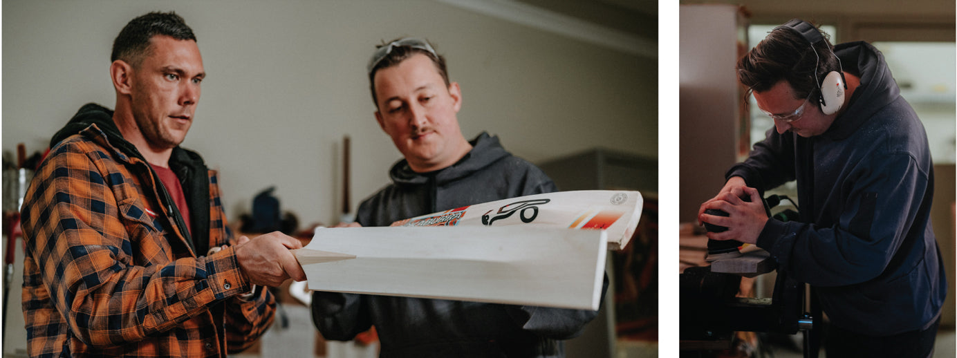 Two images of Lachy from Kookaburra bat makers sanding down a cricket bat and showing the final product to Scott Boland, wearing Hard Yakka clothing