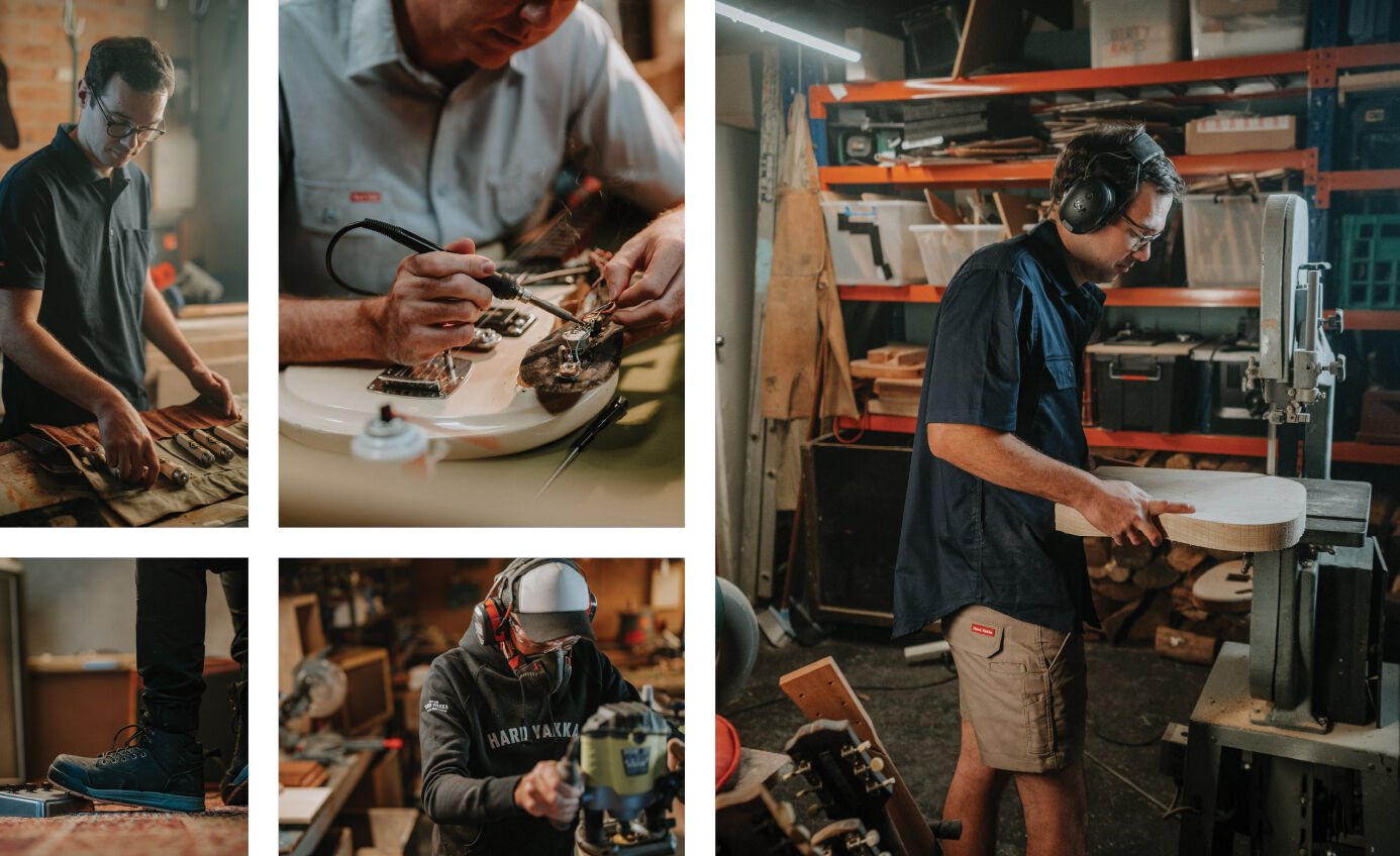 Group of men in their workshop where they craft their guitars