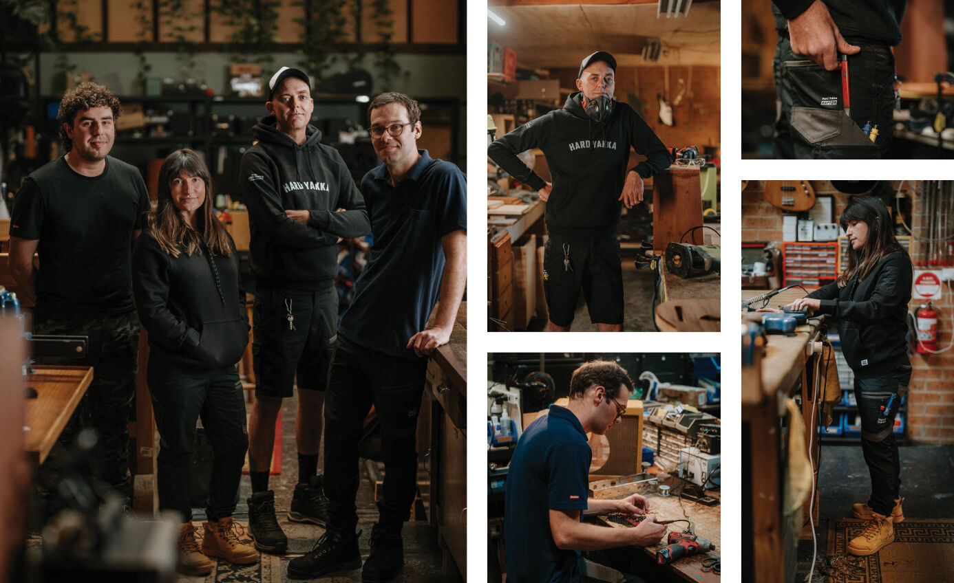 Group of men and women in their workshop where they craft their guitars